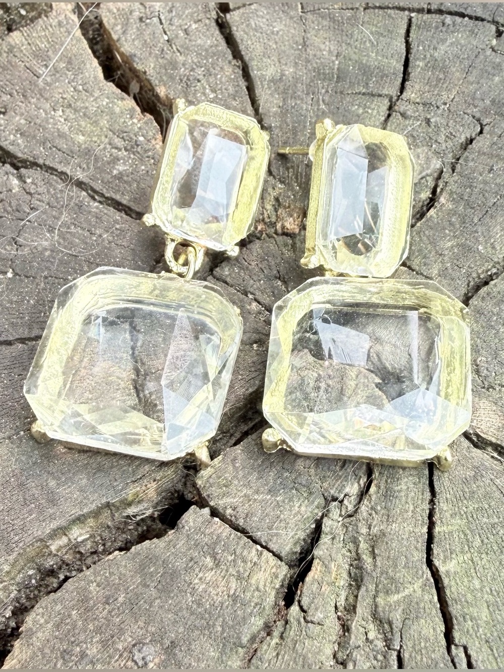 🧊 Gold-Tone Clear Crystal Ice Cube Drop Earrings - Women Jewelry - Picture 1 of 9